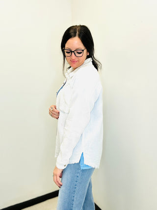 Leslie White Button Up Gauze Blouse-Blouses-Very J-Motis & Co Boutique, Women's Fashion Boutique in Carthage, Missouri