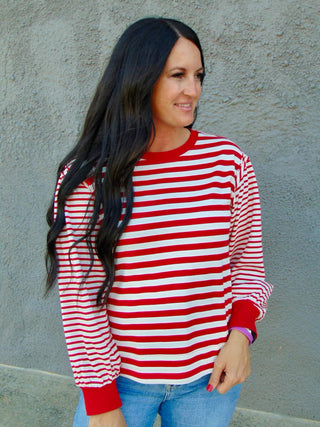 Kandy Red Balloon Sleeve Striped Top-Long Sleeves-Jodifl-Motis & Co Boutique, Women's Fashion Boutique in Carthage, Missouri