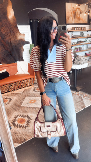 Stella Maroon Striped Half Sleeve Top
