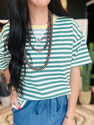 Edie Green Striped Casual Short Sleeve Tee-Short Sleeves-blu pepper-Motis & Co Boutique, Women's Fashion Boutique in Carthage, Missouri