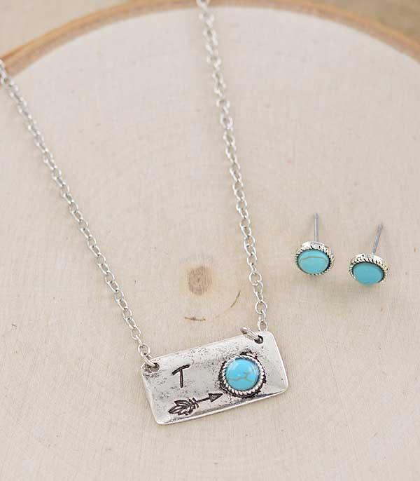 Western Initial Arrow Bar Necklace Turquoise