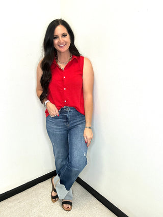 Andree by Unit Sleeveless Button Down Blouse Red-Short Sleeves-Andree by Unit-Motis & Co Boutique, Women's Fashion Boutique in Carthage, Missouri