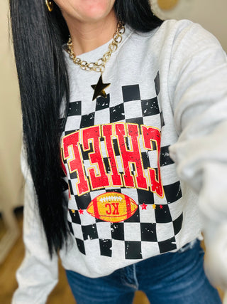 Gray Football Chiefs Checkered Sweatshirt-Pullovers-Motis & CO-Motis & Co Boutique, Women's Fashion Boutique in Carthage, Missouri