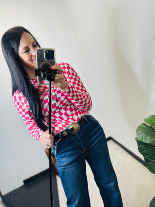 Darla Pink White Checkered Mesh Top-Long Sleeves-MOTIS-Motis & Co Boutique, Women's Fashion Boutique in Carthage, Missouri