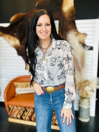 Desi Chiffon Pearl Snap Western Blouse-Long Sleeves-Lucky & Blessed-Motis & Co Boutique, Women's Fashion Boutique in Carthage, Missouri