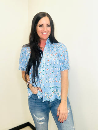 Annabel Blue Floral Button Up Blouse-Short Sleeves-GiGiO-Motis & Co Boutique, Women's Fashion Boutique in Carthage, Missouri