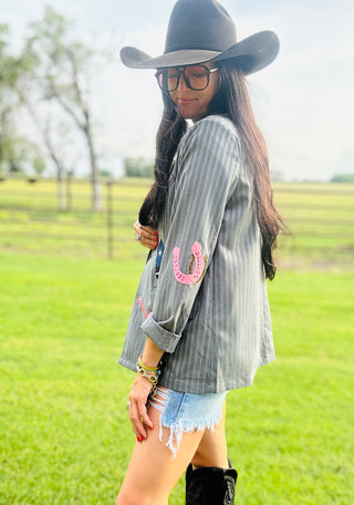 Wynona Grey Pin Stripe Western Patch Blazer-Blazers-Taelynn-Motis & Co Boutique, Women's Fashion Boutique in Carthage, Missouri