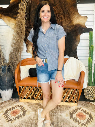 Sophia Navy Pin Stripe Linen Blouse-Short Sleeves-blu pepper-Motis & Co Boutique, Women's Fashion Boutique in Carthage, Missouri
