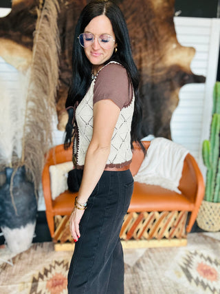 Tawny Tan Crochet Tie Front Vest-Short Sleeves-blu pepper-Motis & Co Boutique, Women's Fashion Boutique in Carthage, Missouri