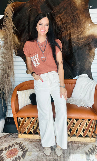 Aurora Brown Knit Boot Stitch Pocket Sweater-Short Sleeves-Lucky & Blessed-Motis & Co Boutique, Women's Fashion Boutique in Carthage, Missouri