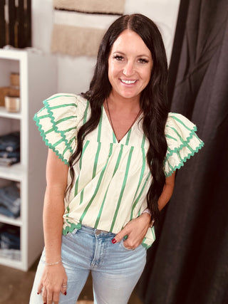 Sophie Green Stripe V-Neck Ruffle Sleeve Top-Short Sleeves-Entro-Motis & Co Boutique, Women's Fashion Boutique in Carthage, Missouri