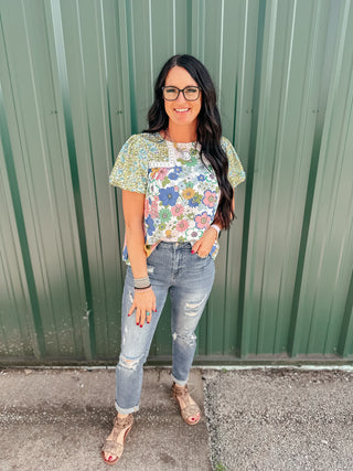 Sandra Green Bubble Sleeve Floral Blouse-Short Sleeves-Motis & CO-Motis & Co Boutique, Women's Fashion Boutique in Carthage, Missouri