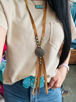 Leather Continent Fringe Tan Long Necklace-Necklaces-Western Elite-Motis & Co Boutique, Women's Fashion Boutique in Carthage, Missouri