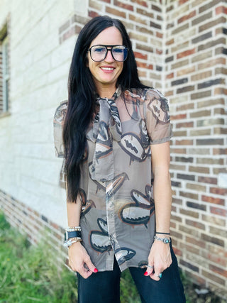 Ten Gallon Drip Sheer Western Blouse-Short Sleeves-2 Fly-Motis & Co Boutique, Women's Fashion Boutique in Carthage, Missouri