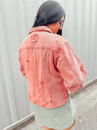 Distressed Denim Jacket Brick-Coats & Jackets-POL-Motis & Co Boutique, Women's Fashion Boutique in Carthage, Missouri