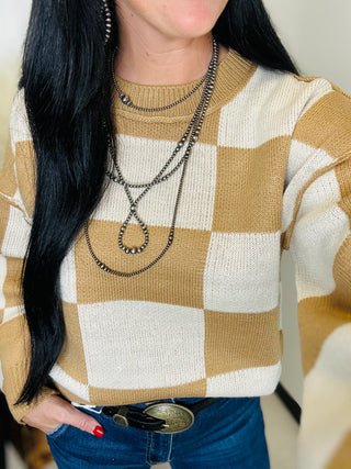 Crew Neck Checkered Knit Sweater Camel - Salena-Sweaters-HYFVE-Motis & Co Boutique, Women's Fashion Boutique in Carthage, Missouri