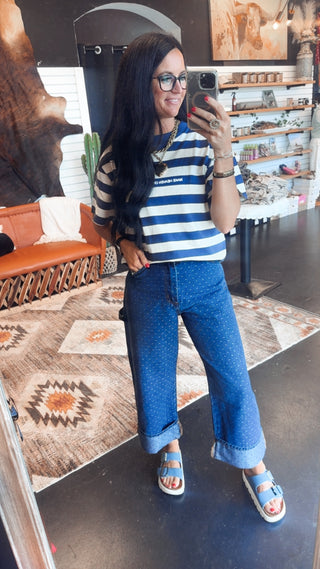 Make Heaven Crowded Navy Striped Graphic Tee-Graphic Tees-Wicker Road-Motis & Co Boutique, Women's Fashion Boutique in Carthage, Missouri