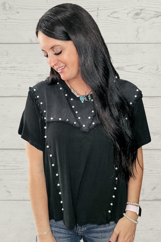 Sharla Black Pearl Detail Ribbed Top-Short Sleeves-POL-Motis & Co Boutique, Women's Fashion Boutique in Carthage, Missouri