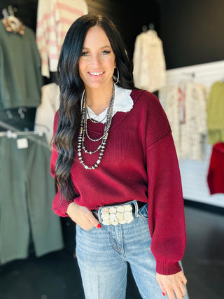 Polly Exposed Seam Oxblood Knit Sweater-Sweaters-blu pepper-Motis & Co Boutique, Women's Fashion Boutique in Carthage, Missouri