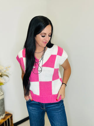 Checkered Sweater Vest in Pink - Nova-Sweaters-HYFVE-Motis & Co Boutique, Women's Fashion Boutique in Carthage, Missouri