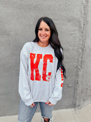 KC Football Chiefs Sleeve Sweatshirt-Pullovers-Southern Babe Wholesale-Motis & Co Boutique, Women's Fashion Boutique in Carthage, Missouri