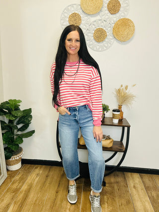 Barb Striped Crew Neck Pullover -Pink-Pullovers-staccato-Motis & Co Boutique, Women's Fashion Boutique in Carthage, Missouri