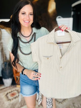 Emilia Striped Collared Cuff Sleeve Top-Short Sleeves-blu pepper-Motis & Co Boutique, Women's Fashion Boutique in Carthage, Missouri