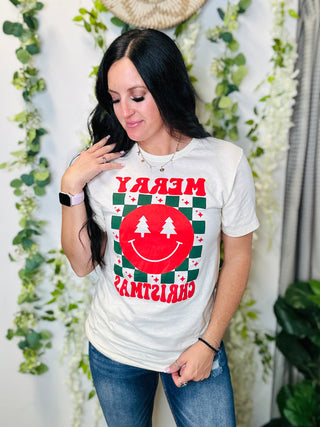 Smiley Checkered Christmas Graphic Tee-Graphic Tees-P&PD-Motis & Co Boutique, Women's Fashion Boutique in Carthage, Missouri