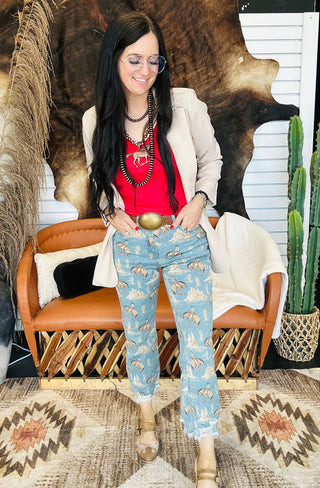 Cowboy Canyon Western Print Jeans-Jeans-sterling kreek-Motis & Co Boutique, Women's Fashion Boutique in Carthage, Missouri