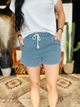 Larry Blue Striped Drawstring Shorts-Shorts-blu pepper-Motis & Co Boutique, Women's Fashion Boutique in Carthage, Missouri