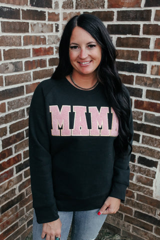 Mama Chenille Patch Black Sweatshirt-Graphic Tees-Texas True Threads-Motis & Co Boutique, Women's Fashion Boutique in Carthage, Missouri