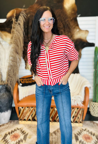 Kendra Red Striped Button Front Top-Short Sleeves-blu pepper-Motis & Co Boutique, Women's Fashion Boutique in Carthage, Missouri