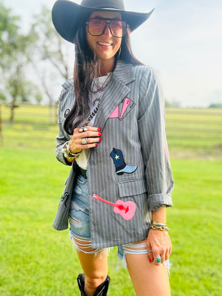 Wynona Grey Pin Stripe Western Patch Blazer-Blazers-Taelynn-Motis & Co Boutique, Women's Fashion Boutique in Carthage, Missouri