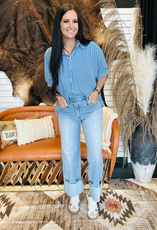 Tess Striped Oversized Blouse - Blue-Short Sleeves-Zenana-Motis & Co Boutique, Women's Fashion Boutique in Carthage, Missouri