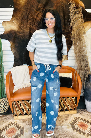 Quentin Polka Dot Denim Barrel Jeans-Jeans-BiBi-Motis & Co Boutique, Women's Fashion Boutique in Carthage, Missouri