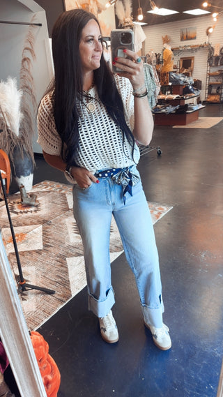 Carlie Crochet White Short Sleeve Top-Sweaters-ee: some-Motis & Co Boutique, Women's Fashion Boutique in Carthage, Missouri