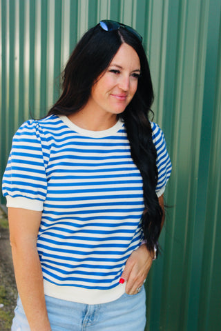 Shelby Blue Striped Short Puffed Sleeve Top-Short Sleeves-Jodifl-Motis & Co Boutique, Women's Fashion Boutique in Carthage, Missouri