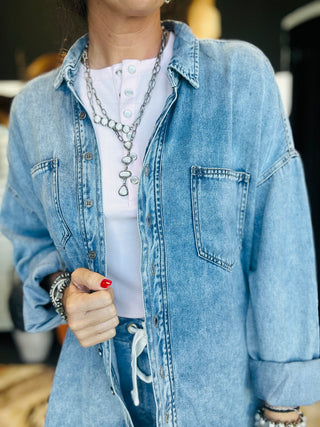 Remi Chambray Button Down Shirt-Long Sleeves-blu pepper-Motis & Co Boutique, Women's Fashion Boutique in Carthage, Missouri