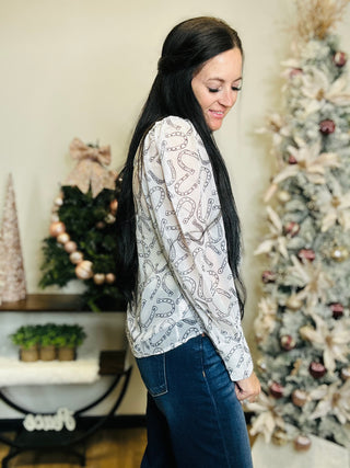 Hallie Sheer Horseshoe Print Blouse-Long Sleeves-Turquoise Haven-Motis & Co Boutique, Women's Fashion Boutique in Carthage, Missouri