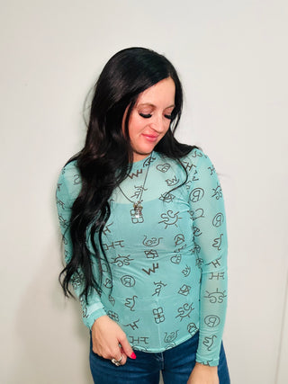 Branded Turquoise Western Mesh Top-Long Sleeves-Merigold Kiss-Motis & Co Boutique, Women's Fashion Boutique in Carthage, Missouri