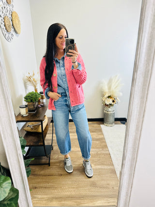 Katie Chunky Metal Button Down Cardigan - Pink-Cardigans-staccato-Motis & Co Boutique, Women's Fashion Boutique in Carthage, Missouri