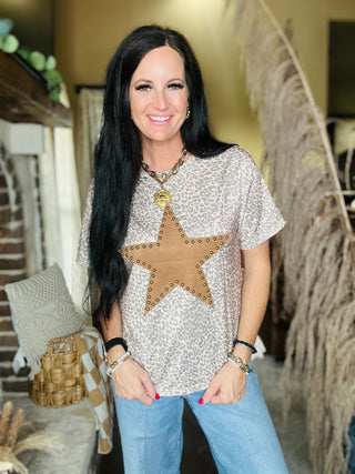 Olivia Studded Star Leopard Top-Short Sleeves-Pretty Bash-Motis & Co Boutique, Women's Fashion Boutique in Carthage, Missouri