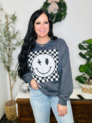 Checkered Smiley Graphic Sweatshirt-Pullovers-P&PD-Motis & Co Boutique, Women's Fashion Boutique in Carthage, Missouri