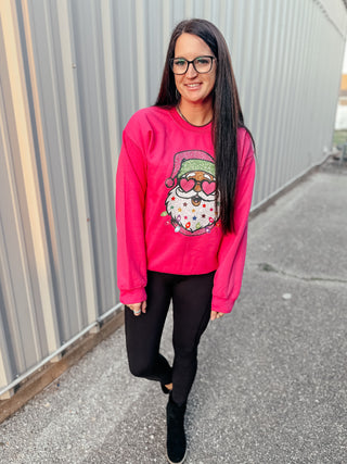 Heart Glasses Santa Sweatshirt Pink-Graphic Sweaters-rc-Motis & Co Boutique, Women's Fashion Boutique in Carthage, Missouri