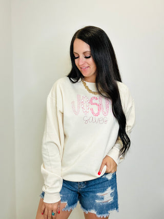 Jesus Saves Screen Print Patch Sweatshirt-graphic Sweatshirt-Dash Forward-Motis & Co Boutique, Women's Fashion Boutique in Carthage, Missouri