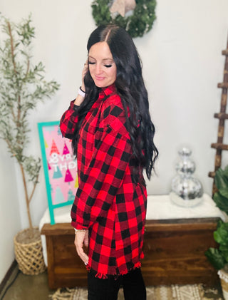 Starla Oversized Red Buffalo Plaid Shirt-Long Sleeves-Risen-Motis & Co Boutique, Women's Fashion Boutique in Carthage, Missouri