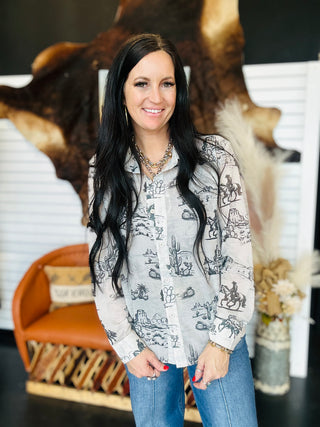 Desi Chiffon Pearl Snap Western Blouse-Long Sleeves-Lucky & Blessed-Motis & Co Boutique, Women's Fashion Boutique in Carthage, Missouri