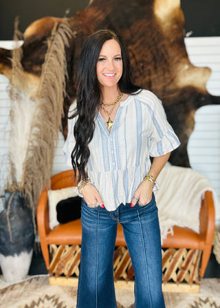 Leslie Striped Bell Sleeve Blouse-Short Sleeves-blu pepper-Motis & Co Boutique, Women's Fashion Boutique in Carthage, Missouri