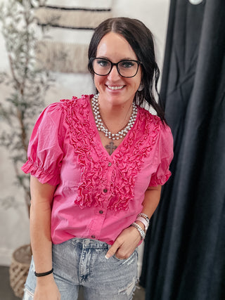 Pink Denim Button Up Top-Short Sleeves-Jodifl-Motis & Co Boutique, Women's Fashion Boutique in Carthage, Missouri