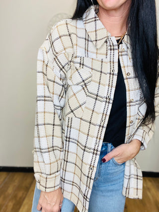 Plaid Button Front Shacket in Tan - Gia-Long Sleeves-Very J-Motis & Co Boutique, Women's Fashion Boutique in Carthage, Missouri